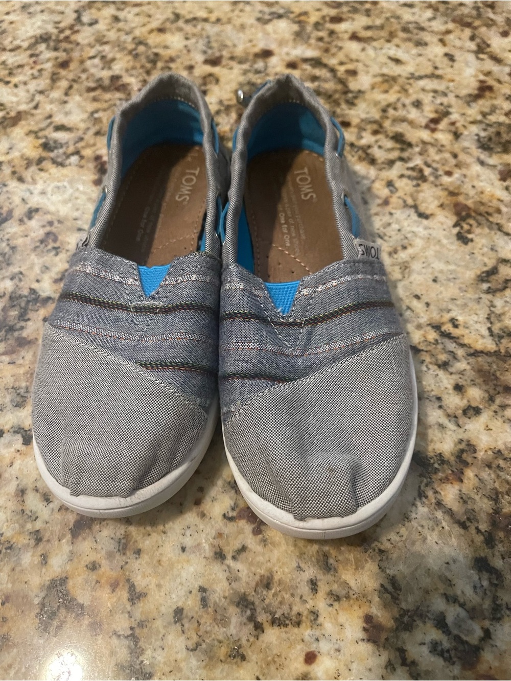 Toms Girls Gray Canvas Slip-On Sneakers with Blue Accent